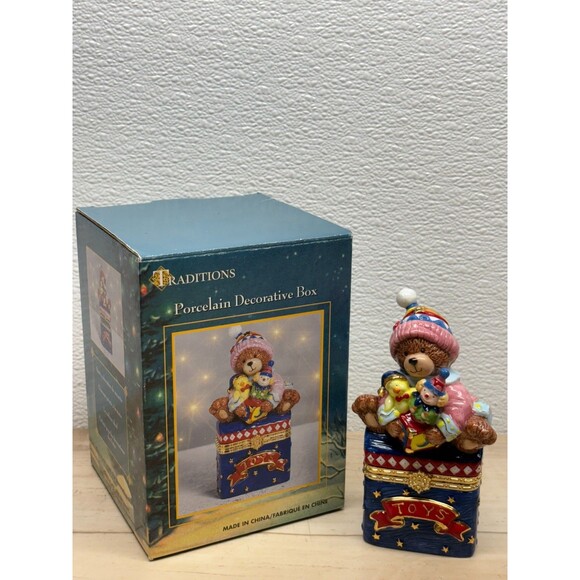 Traditions Porcelain Decorative Trinket Box Hand Painted Teddy Bear With Toys - Picture 2 of 16